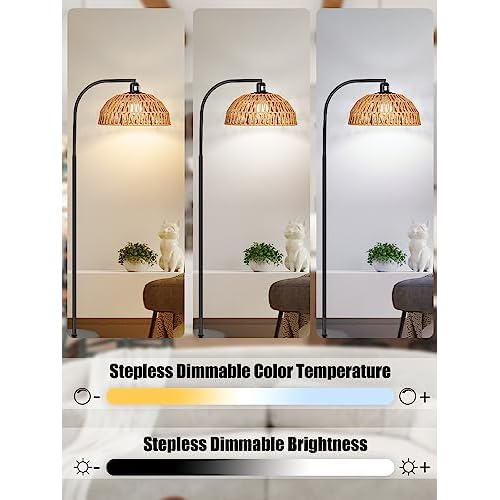 Rattan Floor Lamp- Boho Standing Lamp with Remote Control and Dimmable Bulb, Hand-Worked Adjustable Rattan Shades, Black Farmhouse Tall Lamp, Boho Arc Floor Lamps for Living Room, Bedroom, Office