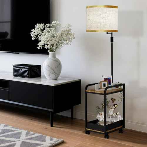 Lightdot 63IN Floor Lamps with Storage Table&Basket, Modern Standing Tall Lamps with Adjustable Fabric Lampshade and Movable&Fixed Casters, Coner End Table Lamp for Living Room/Bedroom/Office-Black