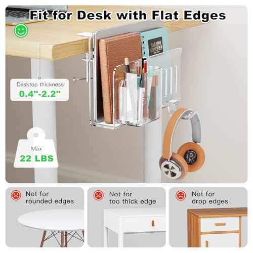 Acrylic Desk Side Storage,Under Desk Laptop Holder Storage Clamp on desk shelf,With Pen Holder and Headset Hook,Clear Desk Side Hanging Organizer accessories (transparent)