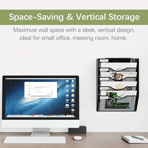 EasyPAG Black 5-Tier Wall File Organizer, No Assembly Metal Mesh Office & Home Storage