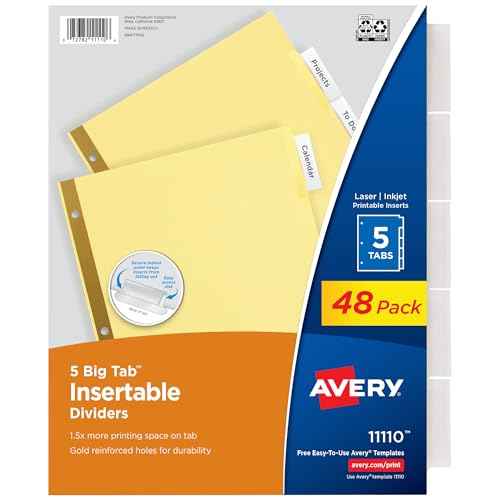 Avery Insertable Dividers for 3 Ring Binder, 5-Tab Sets, Clear Big Tabs, Buff Paper with Gold-Reinforced Holes, 48 Sets Total, Great for Organizing Reports, Projects, and More (48 Packs of 11110)