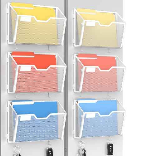 Docnest 6 Pack Magnetic Wall Mounted File Holders,Mesh Letter Organizer with Hooks, Magnetic Hanging Mail Paper Document Organizer for Office, Home, School, White