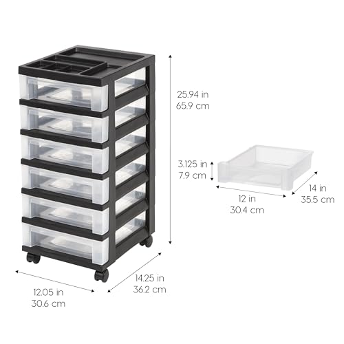 IRIS USA 6-Drawer Rolling Storage Cart - Black/Clear, Removable Wheels