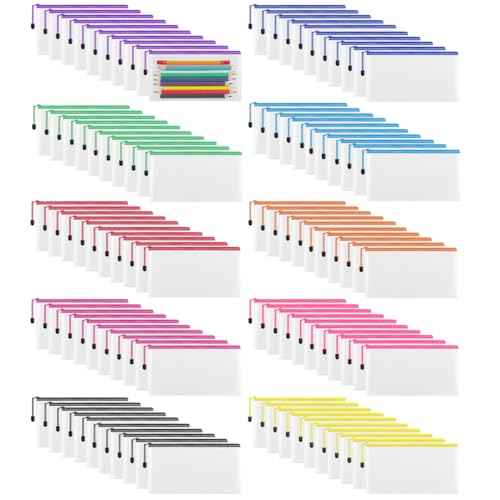 100 Pack Pencil Case Pouch Bulk, 9.5'' x 4.5'' Small Clear Mesh Zipper Pencil Pouch Bags Waterproof Pencil Holder Pouches for Classroom Office File Travel Bill Stationery, 10 Colors