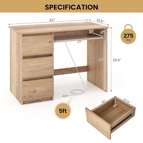 Tangkula Natural Computer Desk with 3 Storage Drawers & Built-in Charging Station