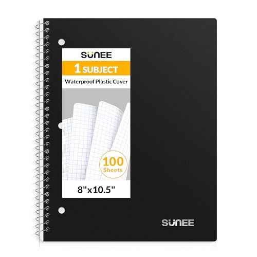 SUNEE Spiral Notebook, 1-Subject, Graph Ruled Paper, 8" x 10-1/2", 100 Sheets per Notebook, 3-Hole Punched Paper, Water Resistant Cover, Spiral Grid Notebooks for Work, Home, School, Writing, Black