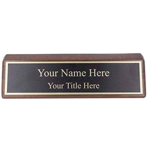 ExcelMark Personalized Walnut Wood Business Desk Black Name Plate with Gold Letters - 2"x 8"