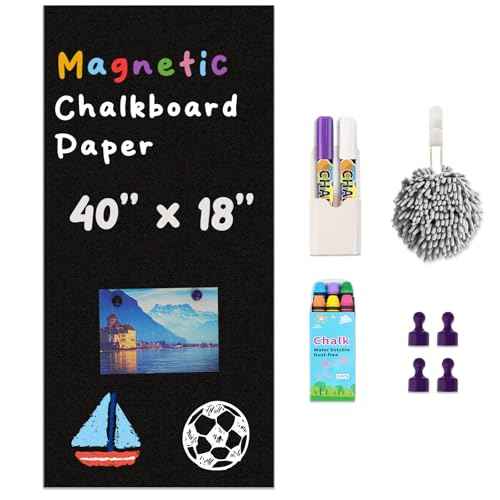 YOUNGJQ Magnetic Chalkboard Contact Paper for Wall 40" x 18" Self Adhesive Blackboard Wallpaper Peel and Stick Wall Decal with Starter Kit for Home Playroom Classroom