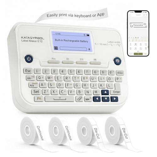 SUPVAN E12 Bluetooth Label Maker with 4 Tapes - White, Fast Printing & App Control
