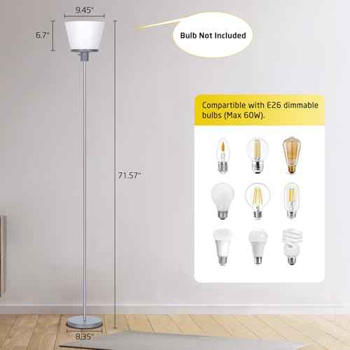 Standing Lamp for Bedroom, LED Modern Floor Lamp for Living Room Office, Sliver Tall Bright Floor Lamp with White Plastic Shade, Bulb Not Included.