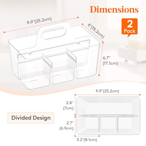 Lifewit 2-Pack Plastic Divided Caddy Organizer with Handle, Portable Art Supply Storage Organizer for Craft Supplies, Cosmetics, Holds Pencil, Crayon, Brushes, Hair Product, Dorm Shower Caddy, Clear