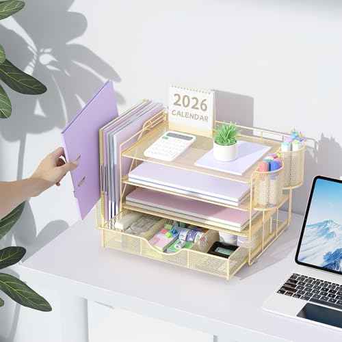 gianotter Desk Organizers and Accessories with File Holder, 4-Tier Desk Accessories & Workspace Organizers with Drawer and 2 Pen Holder, Paper Organizer for Office Supplies(Gold)