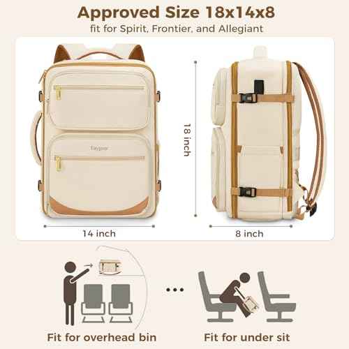 Taygeer Personal Item Travel Bag Backpack, Underseat Spirit Airlines Personal Item Bag 18x14x8 with Makeup Compartment, 18x14x8 Inches Carry on Backpack for Women Fits Spirit Frontier Allegiant, Beige