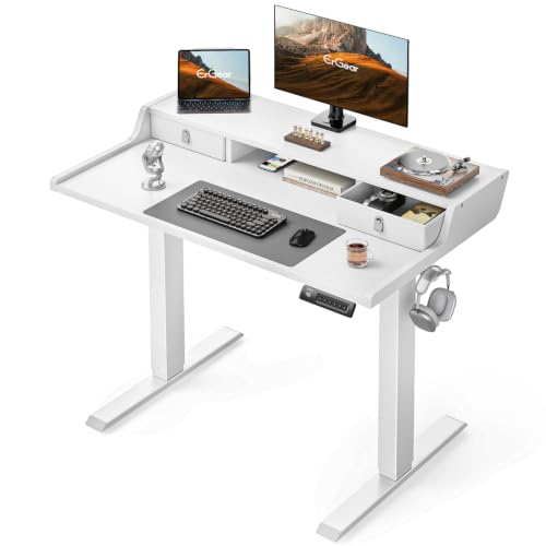 ErGear White 40x24-Inch Electric Standing Desk with Drawers & Monitor Stand