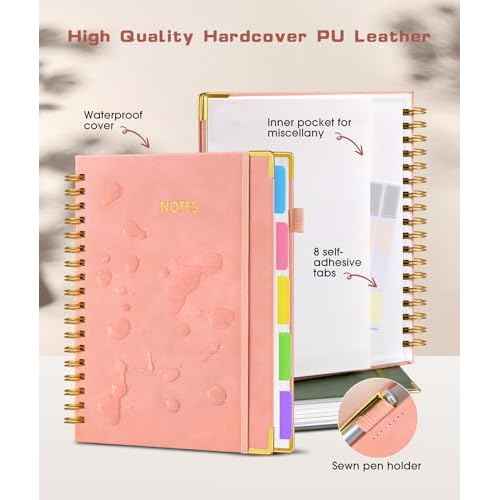 Hardcover Spiral Notebook Journal with Removable Dividers Tabs, 300 Pages Leather 5 Subject Notebook College Ruled, 8"x10" Large B5 Notebooks for Work School Note taking, Lined Journal for Women, Pink