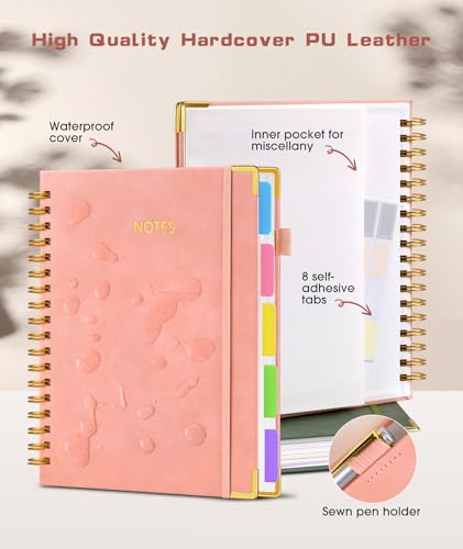 Pink Leather Hardcover Spiral Notebook 8x10 with Removable Dividers - 300 Pages