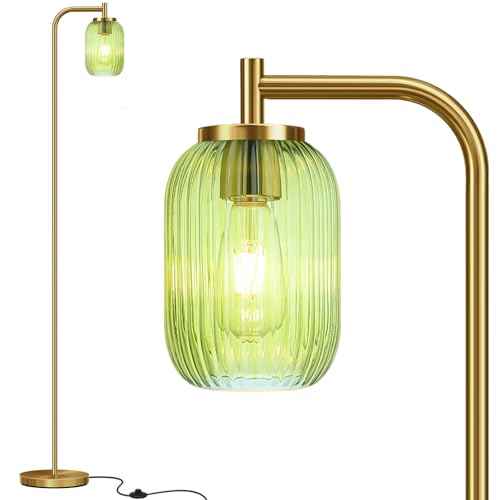Glass Floor Lamp for Living Room, Bedroom, Modern Green Ribbed Glass Standing Lamp with Pedal Switch, 67'' Tall, Brushed Gold