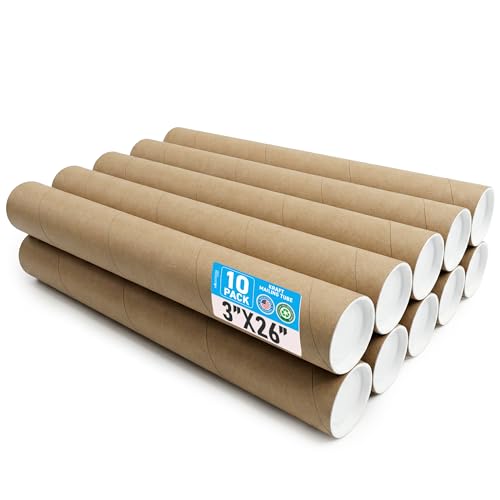 10 Pack 3x26 Inch Kraft Mailing Tubes with End Caps - Lightweight & Durable