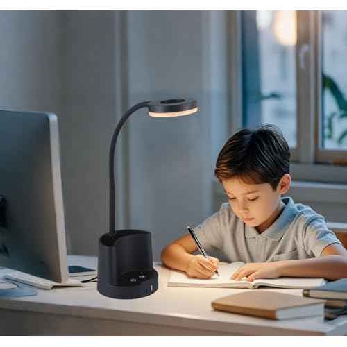 HomeFocus LED Desk Lamp, Eye-Caring Dimmable Reading Light with USB Charging Port & RGB Mood Light, Office Desk Lamp with Pen Holder for Home Office, Bedroom, Study (Black)