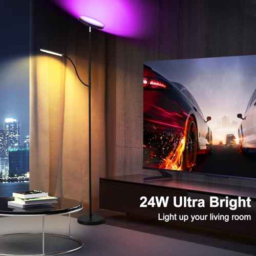 Floor Lamp , Dimmable RGB Floor Lamp,24W/2000LM Main Light and 10W/350LM Side Reading Lamp, Adjustable 3 Colors 2700K/4000K/6500K Tall Lamp with Remote & Touch &APP Control for Living Room Bedroom