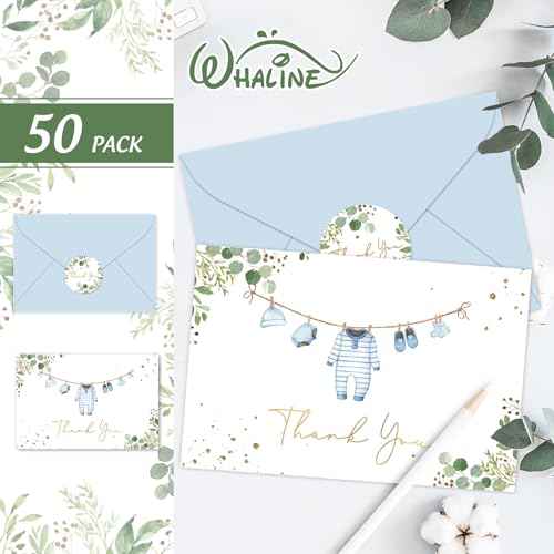 Whaline 50 Pack Baby Shower Thank You Cards Boxed Blue Cloth Note Card with Envelopes Stickers Greeting Blank Cards for Boy Birthday Baby Shower