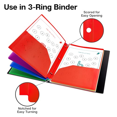 Dunwell Assorted 6-Pack 2-Pocket Folders for 3-Ring Binders, 8.5x11