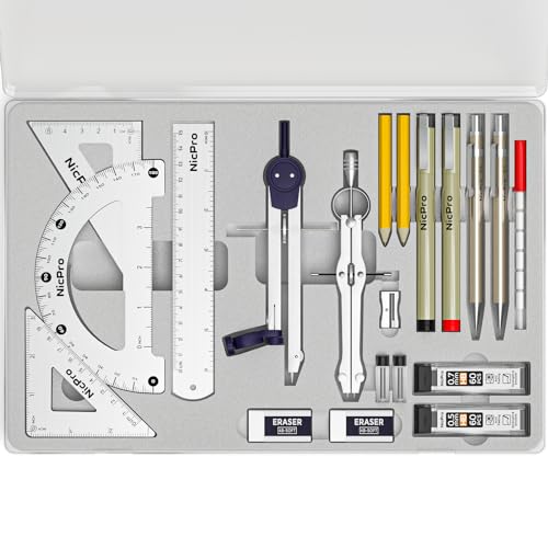Nicpro 20PCS Professional Geometry Drafting Set with Compass, Protractor, Ruler & Pencils