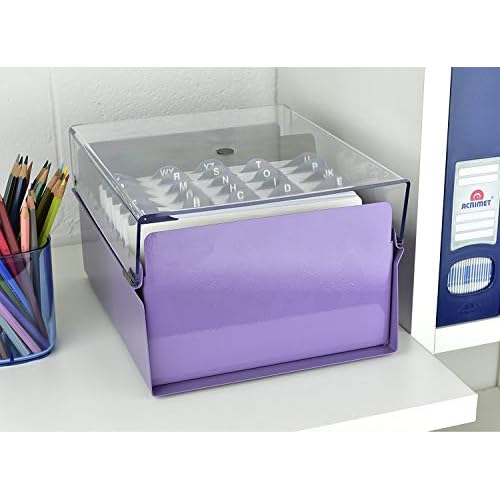 Acrimet 5 X 8 Card File Holder Organizer Box Metal Base Heavy Duty (AZ Index Cards and Divider Included) (Purple Color with Clear Crystal Plastic Lid Cover)