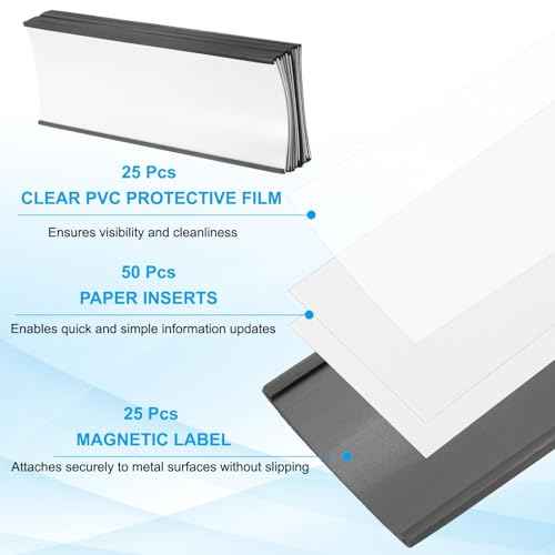 PATIKIL Magnetic Label Holder 8" x 3" with Paper Inserts, 25 Pcs C Channel Magnetic File Cabinet Labels Shelf Data Card Holder Signs for Metal Racks Shelves Whiteboard Tool Box