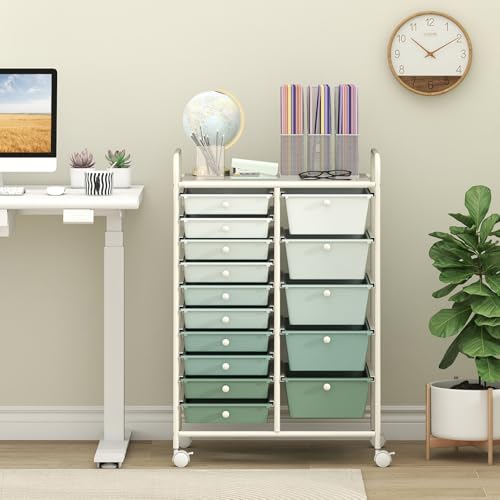 Costway 15-Drawer Rolling Storage Cart - Green Gradient, 4 Casters