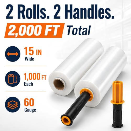 Bonison 2 Pack Plastic Wrap for Moving - 15 in x 1000 ft Heavy-Duty Shrink Wrap with Handles