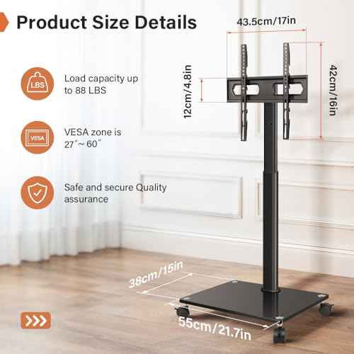 KKTONER Mobile TV Stand Rolling TV Cart for 27 to 65 inch Height Adjustable Rolling TV Stand with Wheels for Living Room Bedroom Max VESA 400x400mm Hold up 88 lbs