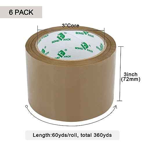 BOMEI PACK 3 inch Brown Packing Tape, 6 Refills Rolls Wide Packaging Tape for Moving, Shipping and Storage, 2.4 Mil x 60 Yards