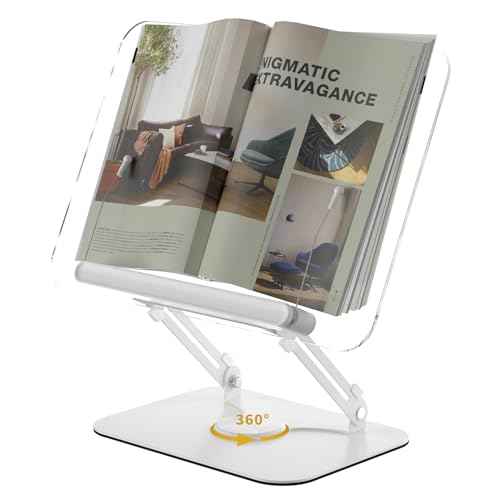 Acrylic Book Stand for Reading,Adjustable Holder with 360¡Æ Rotates Base & Page Clips,Foldable Desktop Ricer for Cookbook,Music Scores,Laptop,Tablet,Recipe,Textbook,Magazines