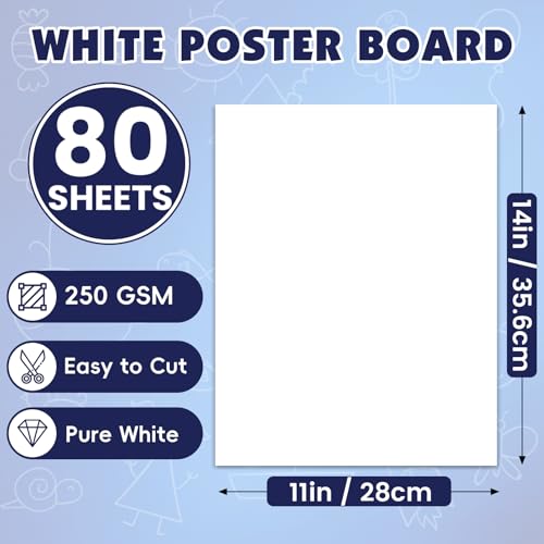 NUITPY 11x14 Inch Poster Board Bulk - 80 Sheets, 250GSM White Cardstock