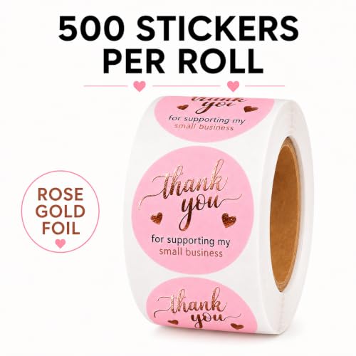 Pink & Rose Gold Thank You Stickers 1.5 Inch, 500 Premium Self-Adhesive Labels for Small Business & Packaging
