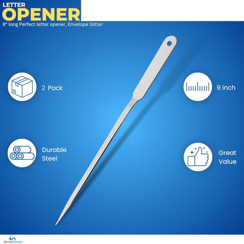 1InTheOffice Chrome-Plated Letter Opener 2 Pack - 9" Envelope Slitter with Comfort Grip