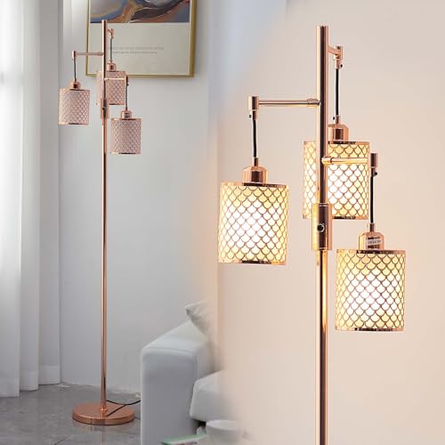 Industrial Floor Lamp,Dimmable Floor Lamp,Gold Tree Lamp Standing Lamp Tall Pole Lamps with 3 Elegant lampshades for Living Room Bedroom Office, Indoor