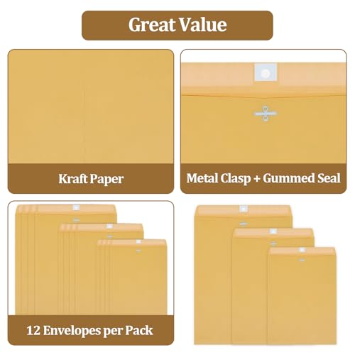Smrtcol 12-Pack Kraft Paper Clasp Envelopes with Metal Closures, 3 Sizes for Shipping & Office