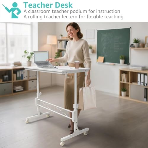 Small White Rolling Standing Desk with Wheels, 32 Inch Small Portable Adjustable Height Mobile Stand Up Desks for Treadmill Walking Pad & Teachers, Couch Sofa Side Laptop Table for Bedroom