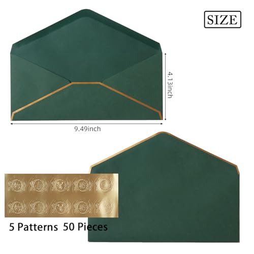 50 Pack Christmas #10 Business Envelopes with Gold Border, Self Seal Standard Envelopes with Gold Stickers for Office, Checks, Letter Mailing, Invoices, 4 1/8 x 9 1/2 Inches (Christmas Green Red)