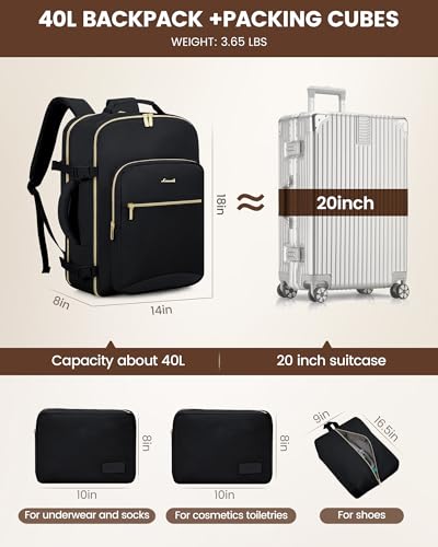 LOVEVOOK 40L Travel Backpack with 3 Packing Cubes - Black, TSA Approved Carry-On Fits 17" Laptop