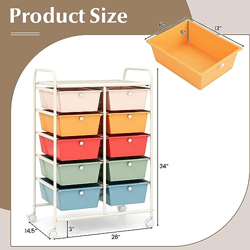 GOFLAME 10-Drawer Rolling Storage Cart, Macaron Color - 26 x 14.5 x 34 in, Locking Wheels