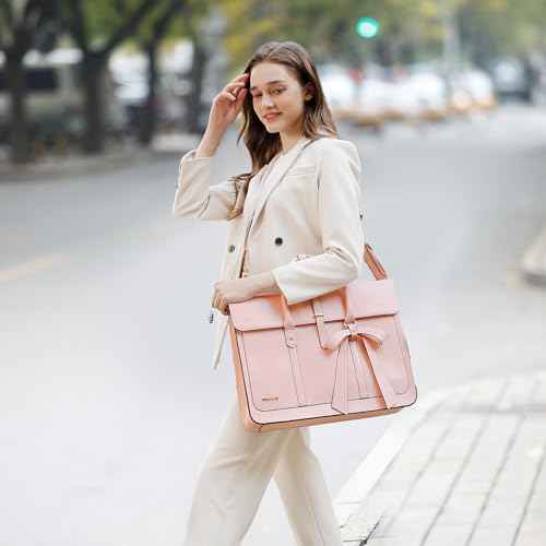 MOSISO Laptop Bag for Women, 15-15.6 inch PU Leather Laptop Shoulder Bags Convertible Backpack, 16 inch Messenger Bags Casual Handbag Work Briefcase Travel Computer Bag with Bowknot, Pink