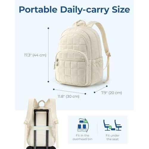 BAGSMART College Laptop Backpack, Travel Laptop Backpack for Women, Quilted Casual Daypack, Water-Resistant Bookbag for 15.6 Inch Laptop, Beige