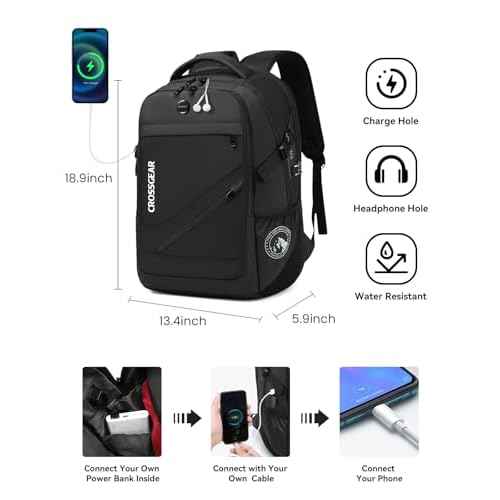 CROSSGEAR Large Travel Backpack Waterproof Laptop Bag Airline Approved Business Office Work Computer Casual Daypacks TSA Lock Anti-Theft Bookbag with USB Port Fit 17.3 inch Laptops for Men Women