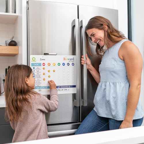 QUOKKA Magnetic Behavior Chore Chart for Kids at Home - Gift Reward Visual Schedule Chart - Dry and Erase Routine and Responsibility - Use 48 Magnets & 49 Stars - From Toddlers to Teens