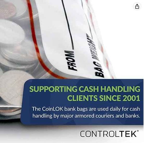 ControlTek CoinLok 12" x 24.5", Clear, 50 Bags, Tamper Resistant Coin Bag, Cash Register Money Bag for Bank Deposit, Security Bags Hold Up To 50lbs of Coins 585100