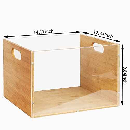 Clear Acrylic File Box Organizer, Bamboo Hanging Folder Storage Boxes, Filing Crate Bin Holder with Handle for Home Office Desk, Letter Size