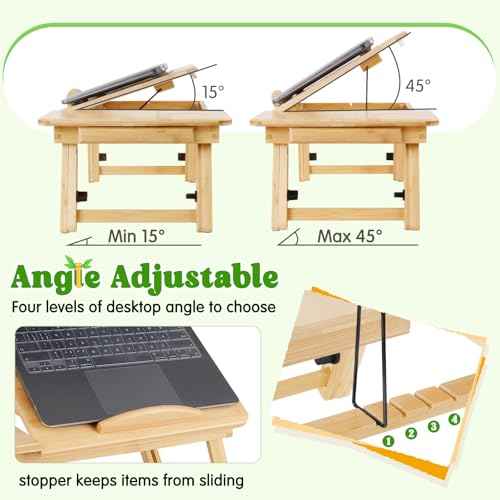 Bamboo Laptop Desk, Adjustable Foldable Bed Tray Table for Bed, Sofa, and Floor, Portable Lap Desk with Tilting Top & Drawer for Writing, Reading, Breakfast, Drawing, and Working